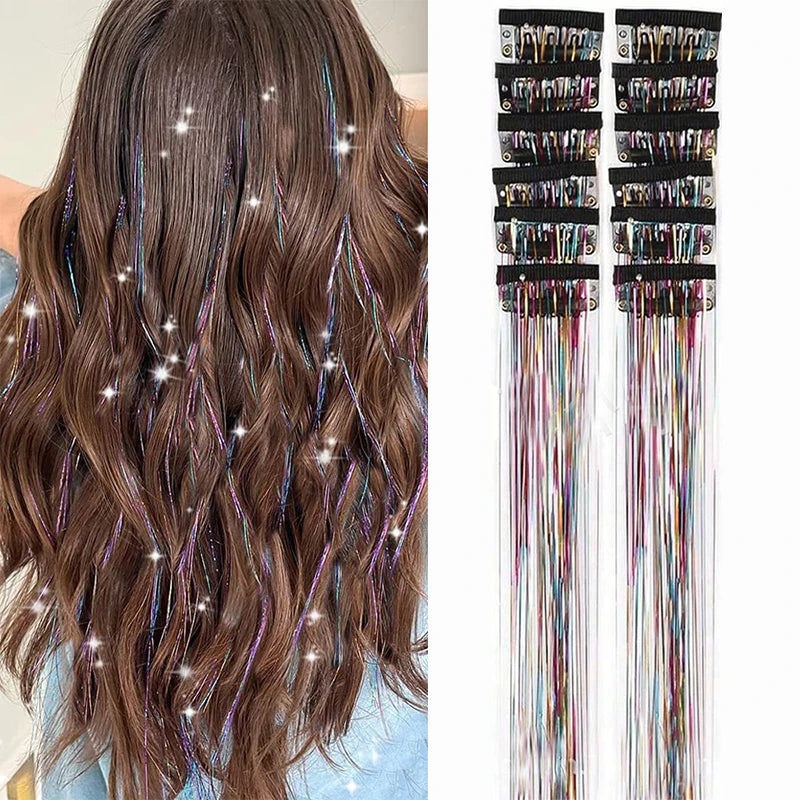 12pcs Per Pack of BB Hair Clips,Shiny Metallic Hair Extensions with Clips,Synthetic Hair, Sparkling Hair Accessories for Women