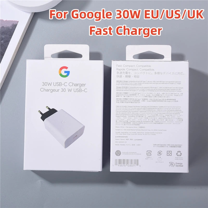 Google 30W PD Fast Charger for Pixel 8 7 6 Pro 8A 7A 6A 5A 4XL 4A EU/US/UK Power Wall Charge Adapter 100cm USB C to USB C Cable