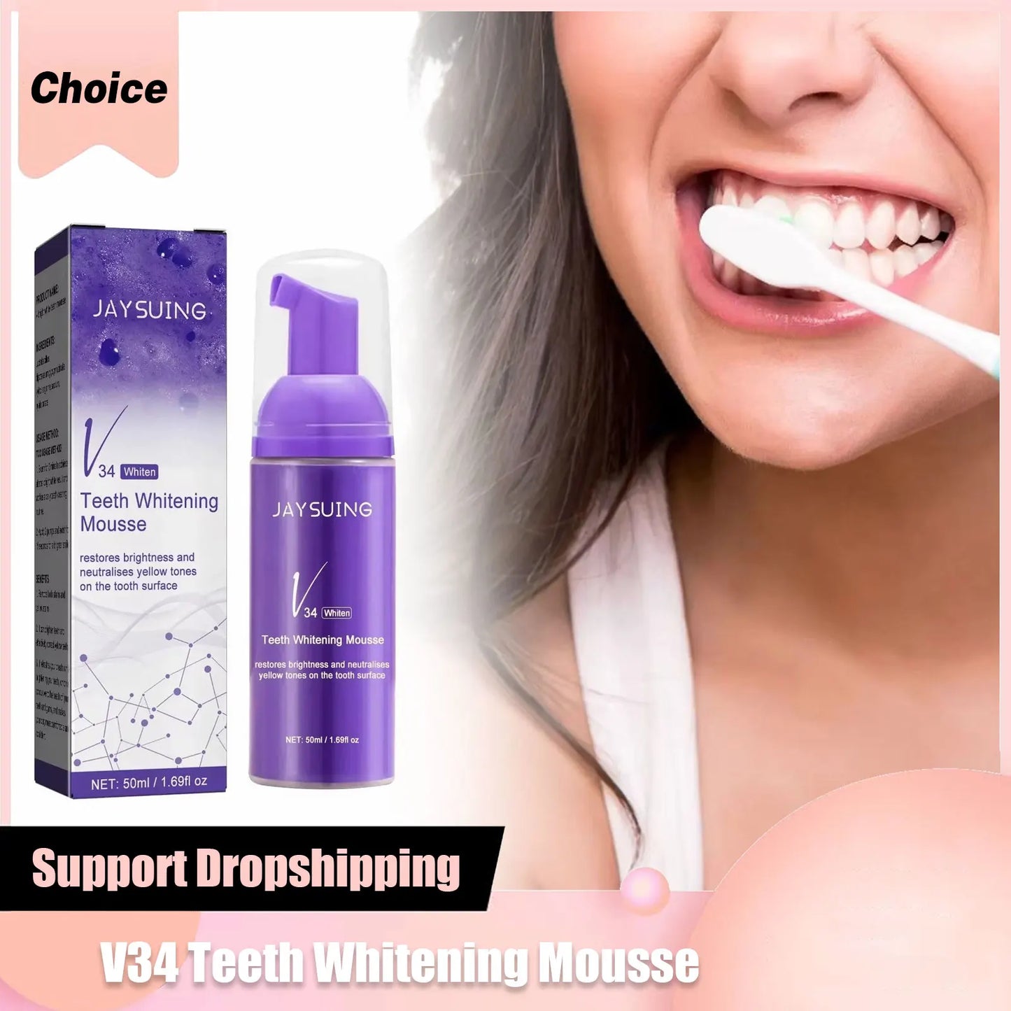 Teeth Whitening Mousse V34 Colour Dental Enamel Care Deep Cleansing Stains Melanin Removal Tooth Bleaching Foam Toothpaste 50ml