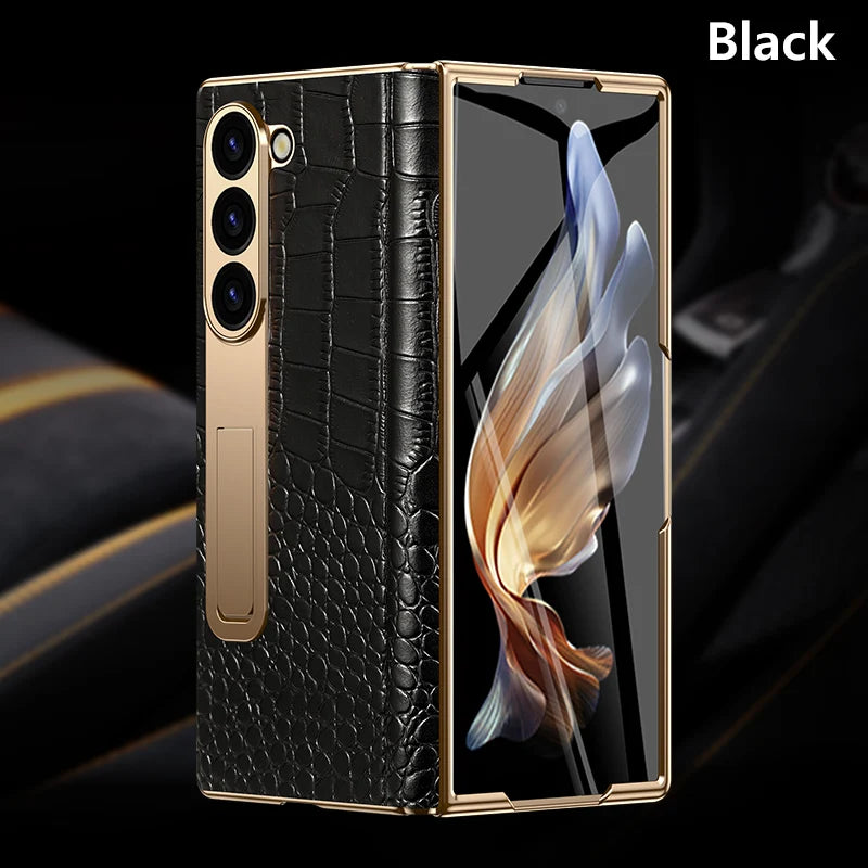 LANGSIDI Leather Case for Samsung Galaxy Z Fold 7 6 5 4 3 Fold6 Fold7 Gold Plating Magnetic Hinge Stand Cover with Mirror Film