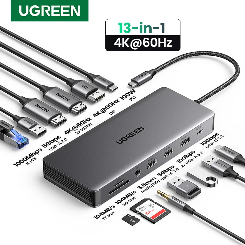 UGREEN USB C Docking Station 13 in 1 4K Triple Display Dual HDMI 10Gbps USB C HUB 100W PD SD/TF for MacBook Pro Air Dell XPS