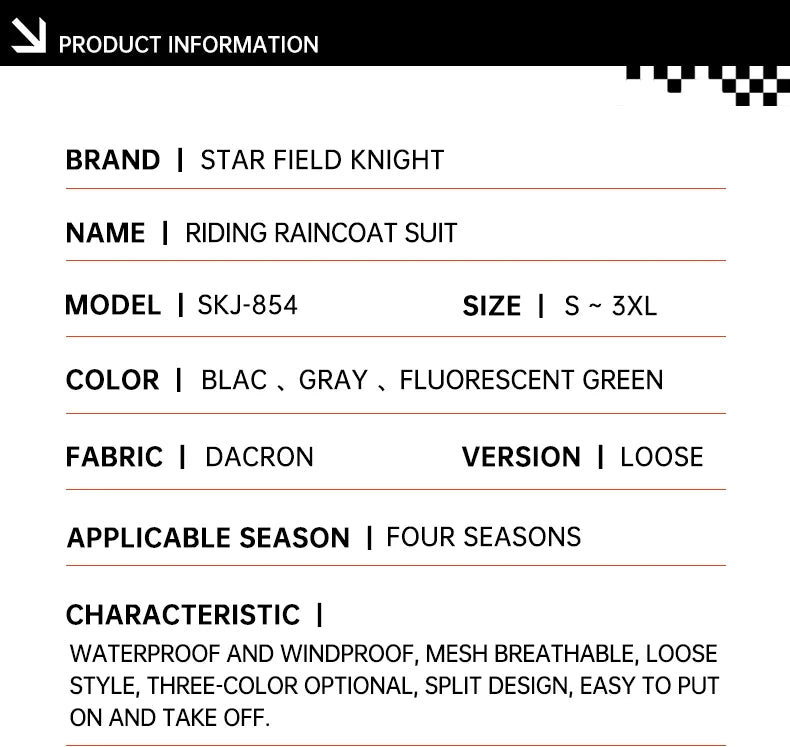Star Field Knight Black Motorcycle Rider Raincoat Suit Men Women Riding Waterproof Clothes Raincoat Rainpants Split 2Pcs/set