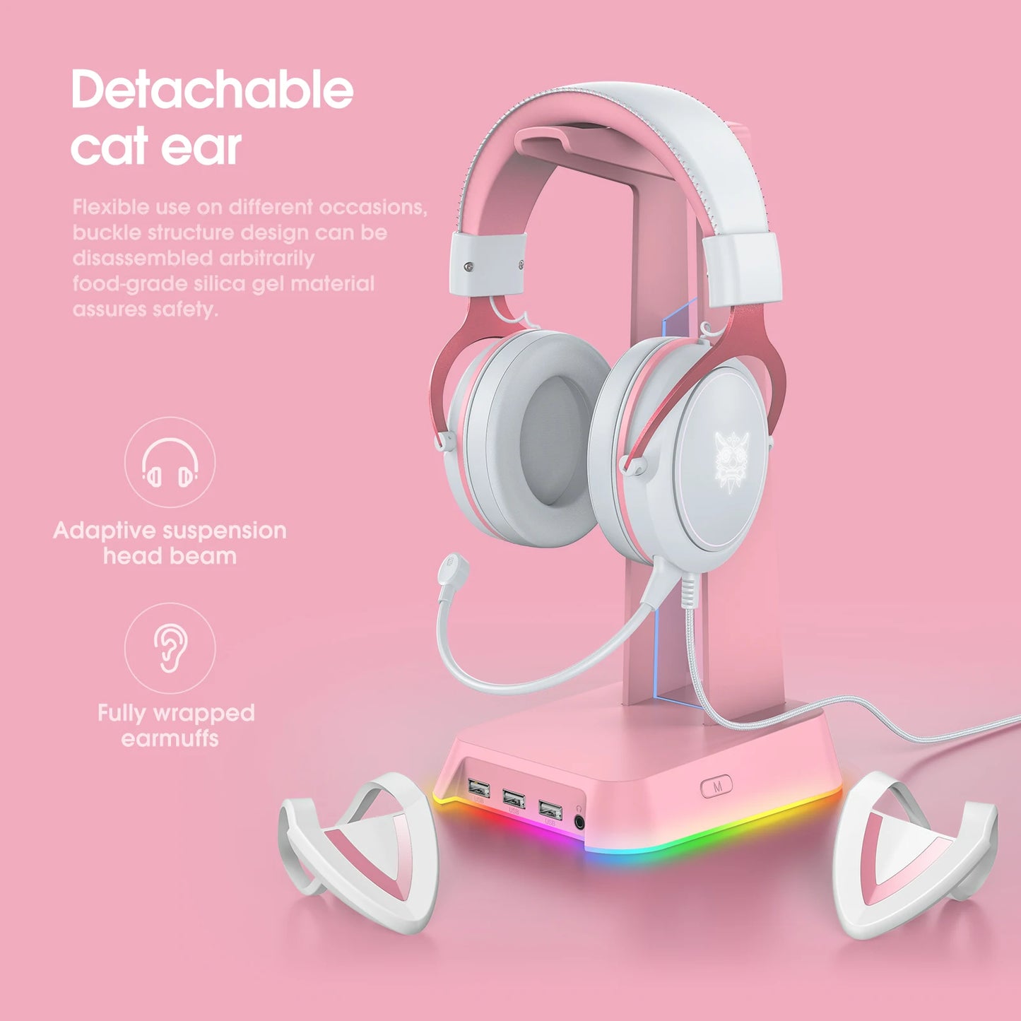 onikuma Cat Ear Gaming Cute Headset, Wired Over-Ear Headphones with Noise Cancelling Microphone, Surround Sound, LED Backlight f