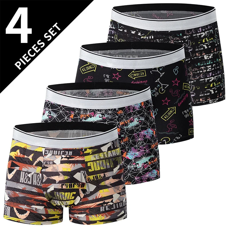 4-piece MEN'S FASHION Printed Underwear Breathable Crotch Boxers for Teenagers Comfortable plus Size Underwear up to 6XL.