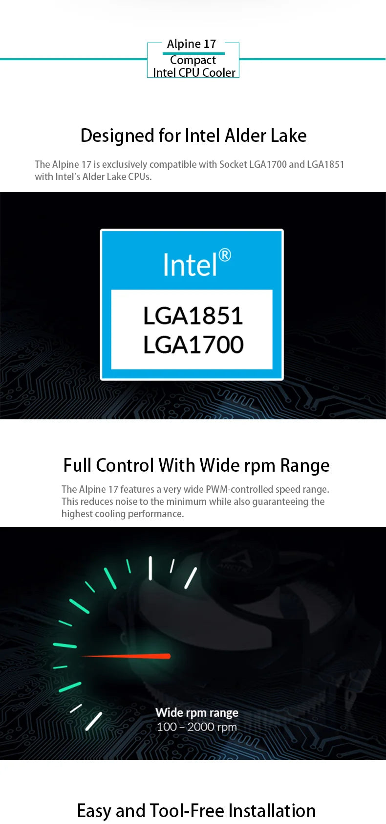 ARCTIC Alpine 17 - Intel CPU Cooler, 92 mm PWM Fan, Radial Heatsink, Top Blower, Intel LGA 1700, 4-Pin Connector