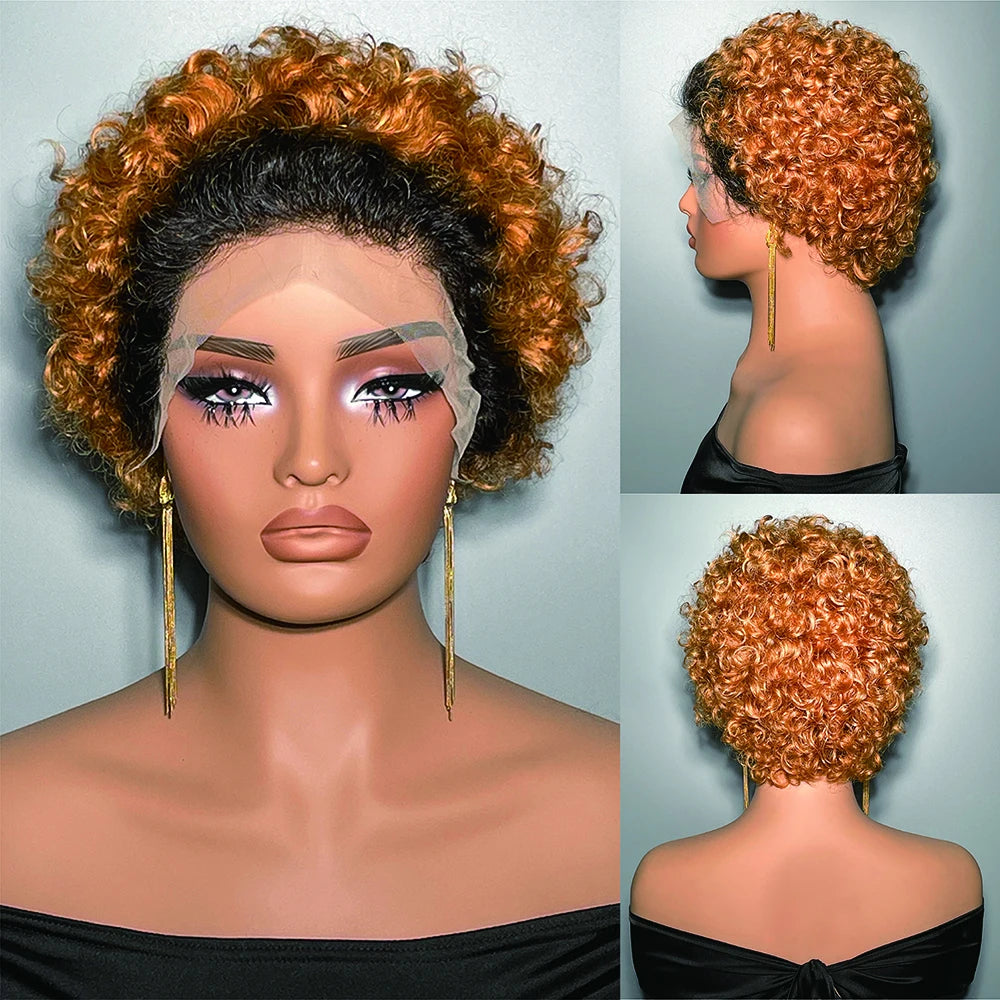 99J Wigs Human Hair Cheap Pixie Cut Wig 13X1 Transparent Lace Wig For Women Short Curly Human Hair Wig 180 Density