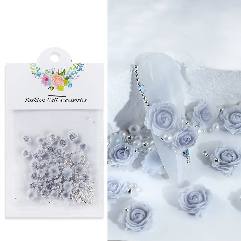 30 pcs gradient carved rose nail ornaments with steel bead pearl nail accessories