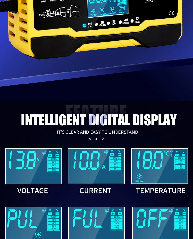 12V-24V Car Battery-Charger Full Automatic 12V 10A Digital Car Battery Charger Pulse Repair for AGM GEL WET Lead Acid