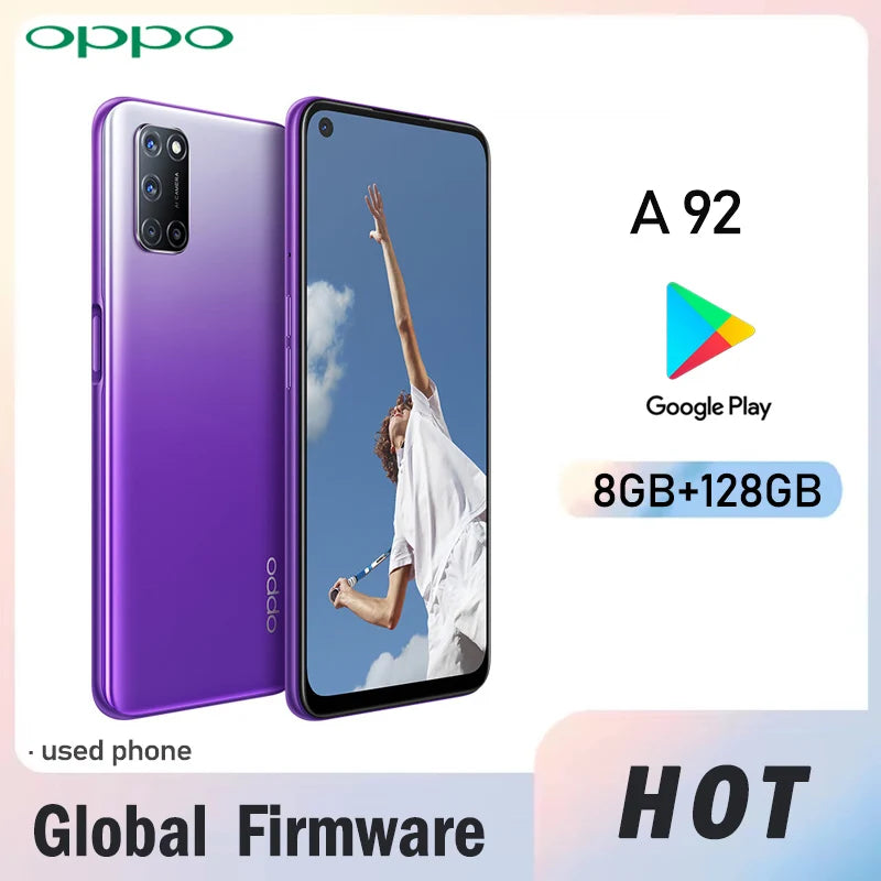 OPPO A92 4G smartphone Global firmware rear fingerprint 12MP+8MP 6.5-inch snapdragon 665 8GB 128GB good condition used phone