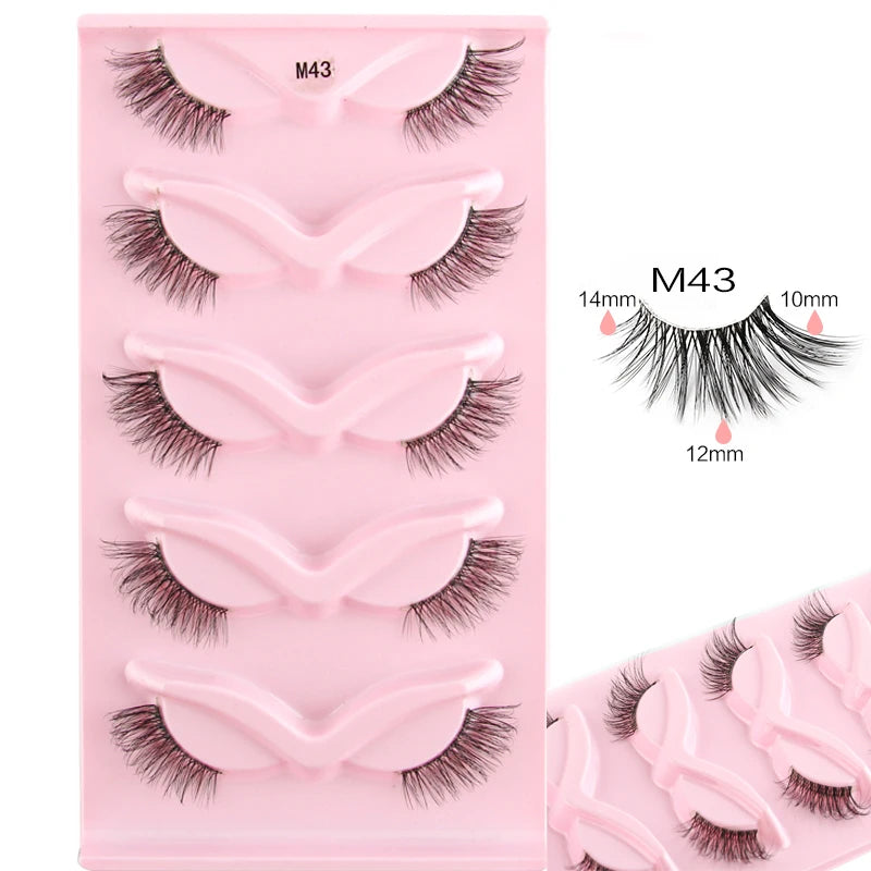 3/5/10Pairs Half False Lashes Natural Short 3D Cat Fake Mink Eyelashes Extension Winged Fluffy Wispy Faux Cils Clear Band Makeup