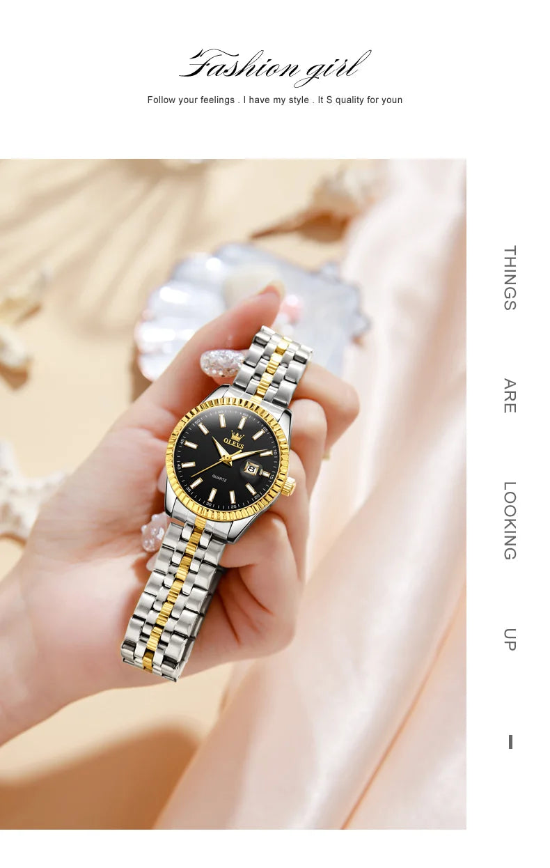 OLEVS 5593 Couple Watch Fashion Business Waterproof Stainless Steel Watch Luxury Brand Classic Date Week Clock Men Women Watch