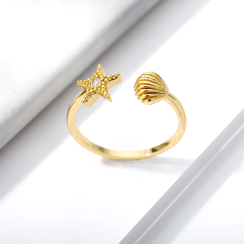 Cute Shell Starfish Rings For Women Girls Stainless Steel Open Adjustable Couple Stars Finger Ring 2024 Birthday Jewelry Gifts