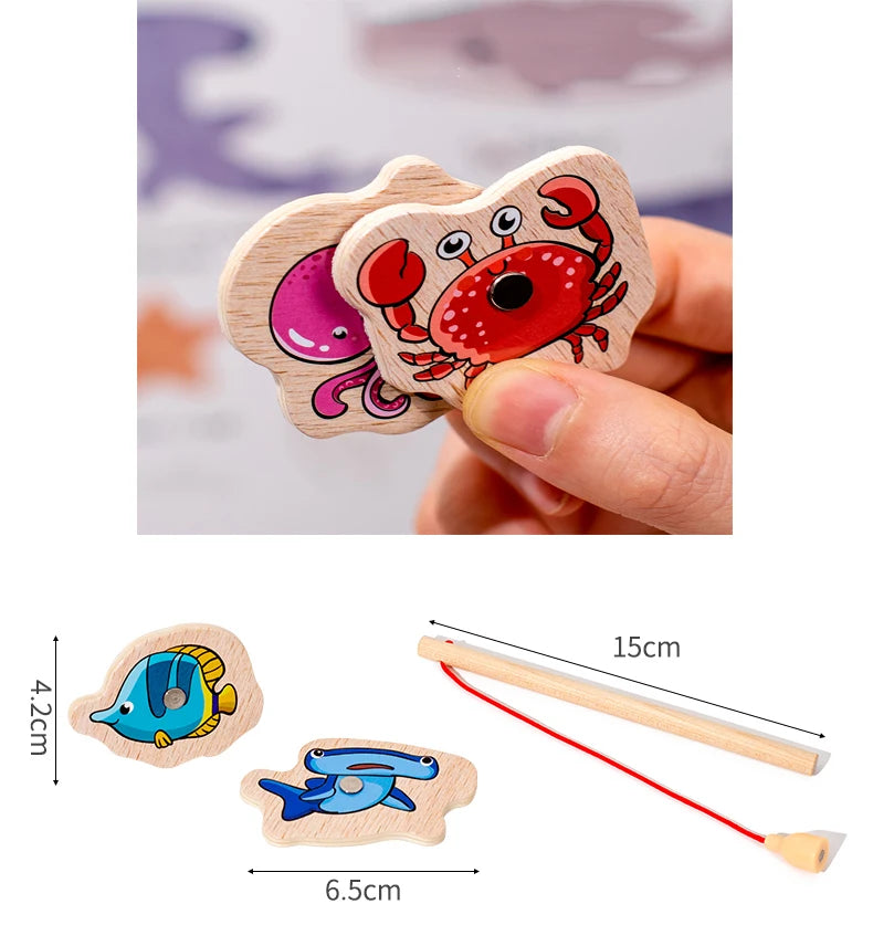 Fishing Toys Montessori Wooden For Children Magnetic Marine Life Cognition Fish Games Parent-Child Interactive Educational Toy