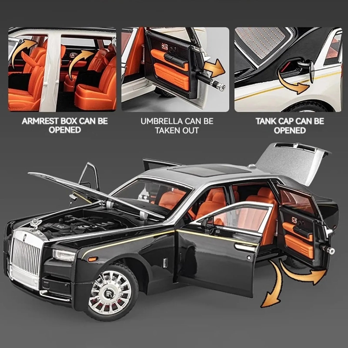 1:18 Rolls-Royce Phantom Model Car, Zinc Alloy Pull Back Toy Diecast Car with Sound and Light, Realistic Modeling Model Toy