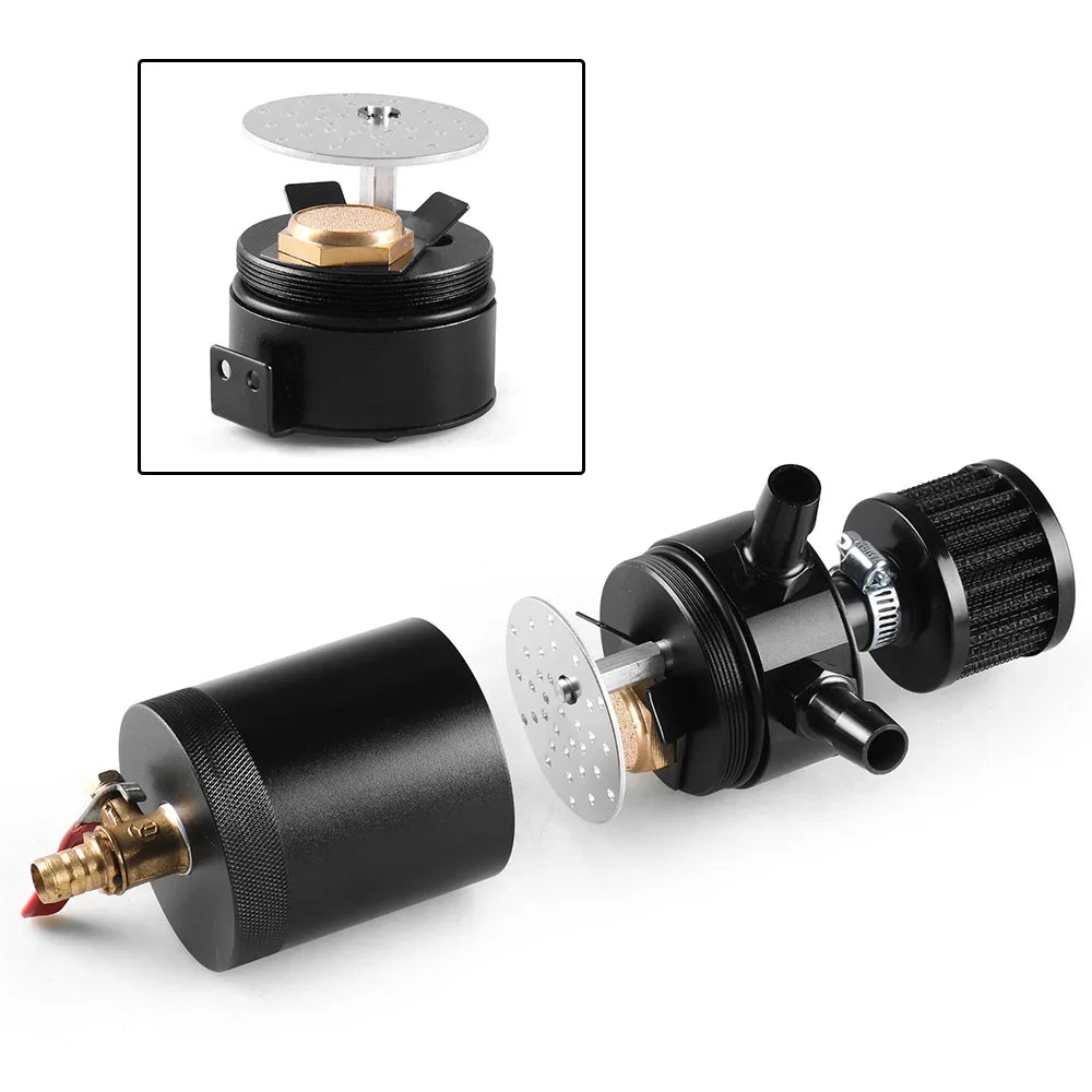 Universal Racing Baffled Aluminum Oil Catch Can Tank 2-Port  Reservoir with Drain Valve Breather Cylinder Filter Kit Black
