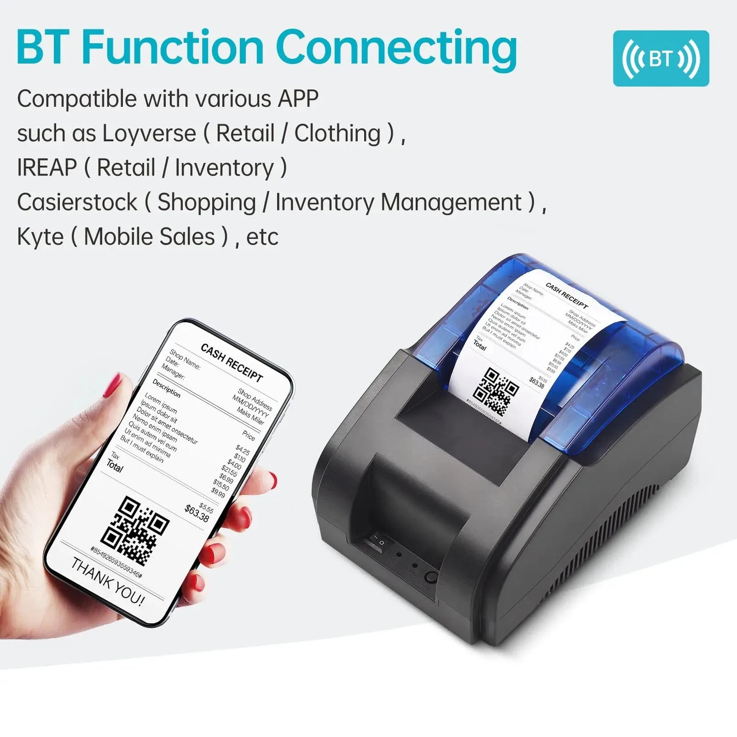 58mm Desktop Portable Bluetooth Wireless Thermal Printer Receipt Bill POS Compatible with Windows/Mac/Android/iOS Systems