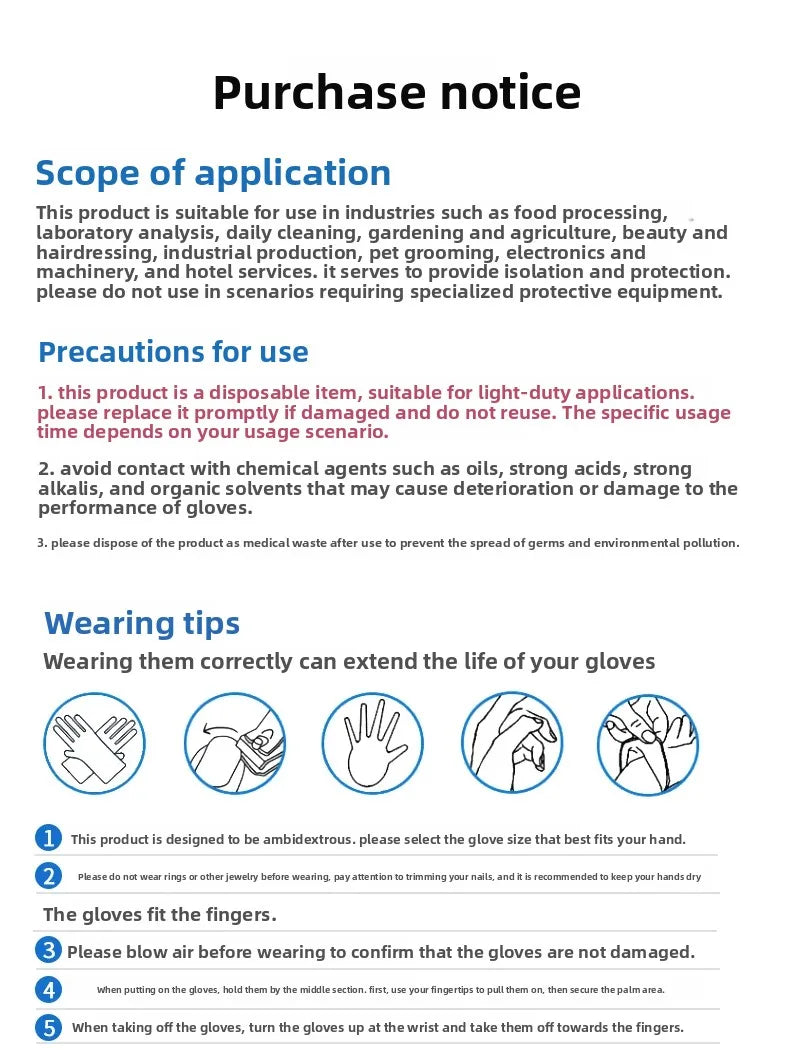 100PCS Nitrile Exam Gloves Heavy Duty Food Grade Latex & Powder Free High Elasticity for Medical Food Service Cleaning
