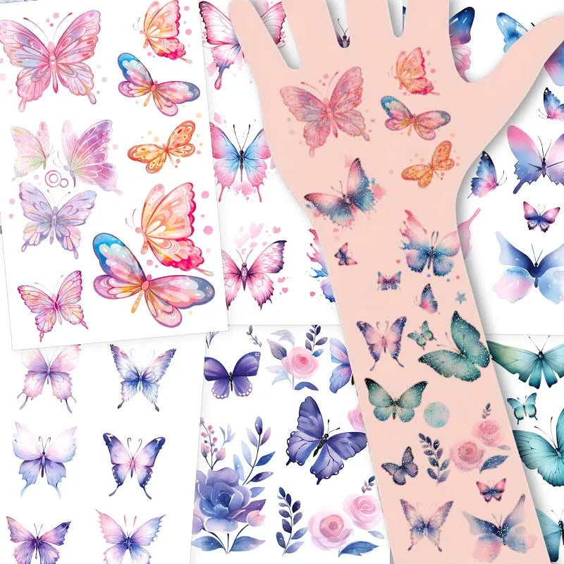 6pcs Glitter Gradient Dreamy Butterfly Waterproof Temporary Tattoo, Long-Lasting Waterproof, Realistic Fake Tattoo