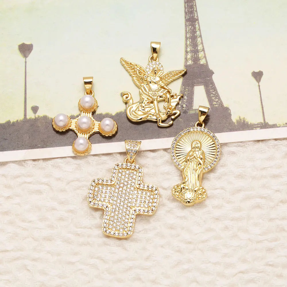 OCESRIO White Crystal Big Cross Pendant for Necklace Copper Gold Plated Jesus Beads Crucifix Jewelry Making Supplies pdta698