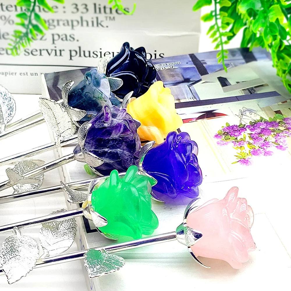 1pc Natural Crystal Rose Crafts Carved Purple Fluorite Quartz Gemstone Souvenirs for Home Dcoration