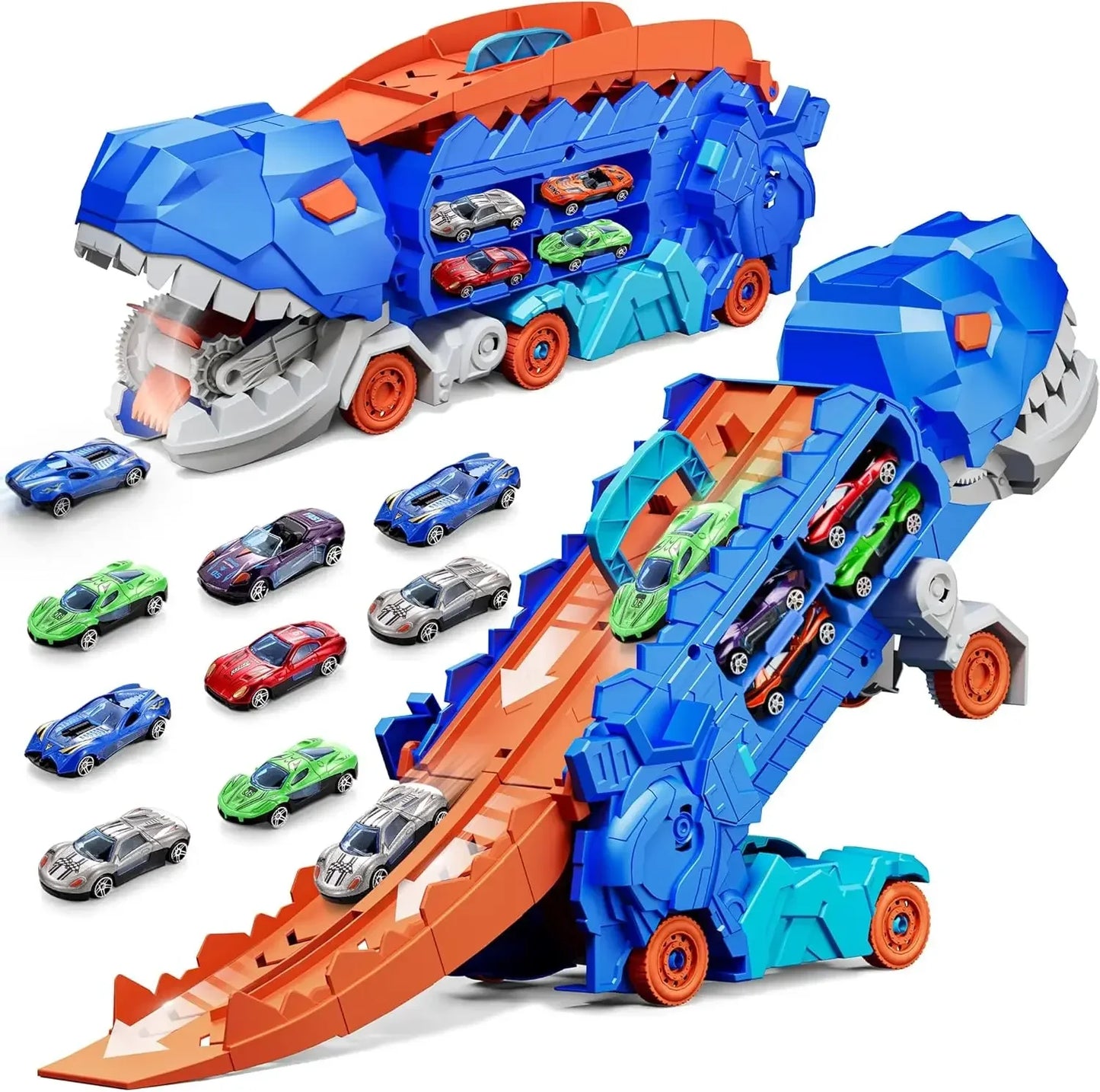 Transport Dinosaur Truck with Foldable Sliding Race Track Transforms into Standing T-rex Best DIY Birthday Gifts Toys Boys Girls