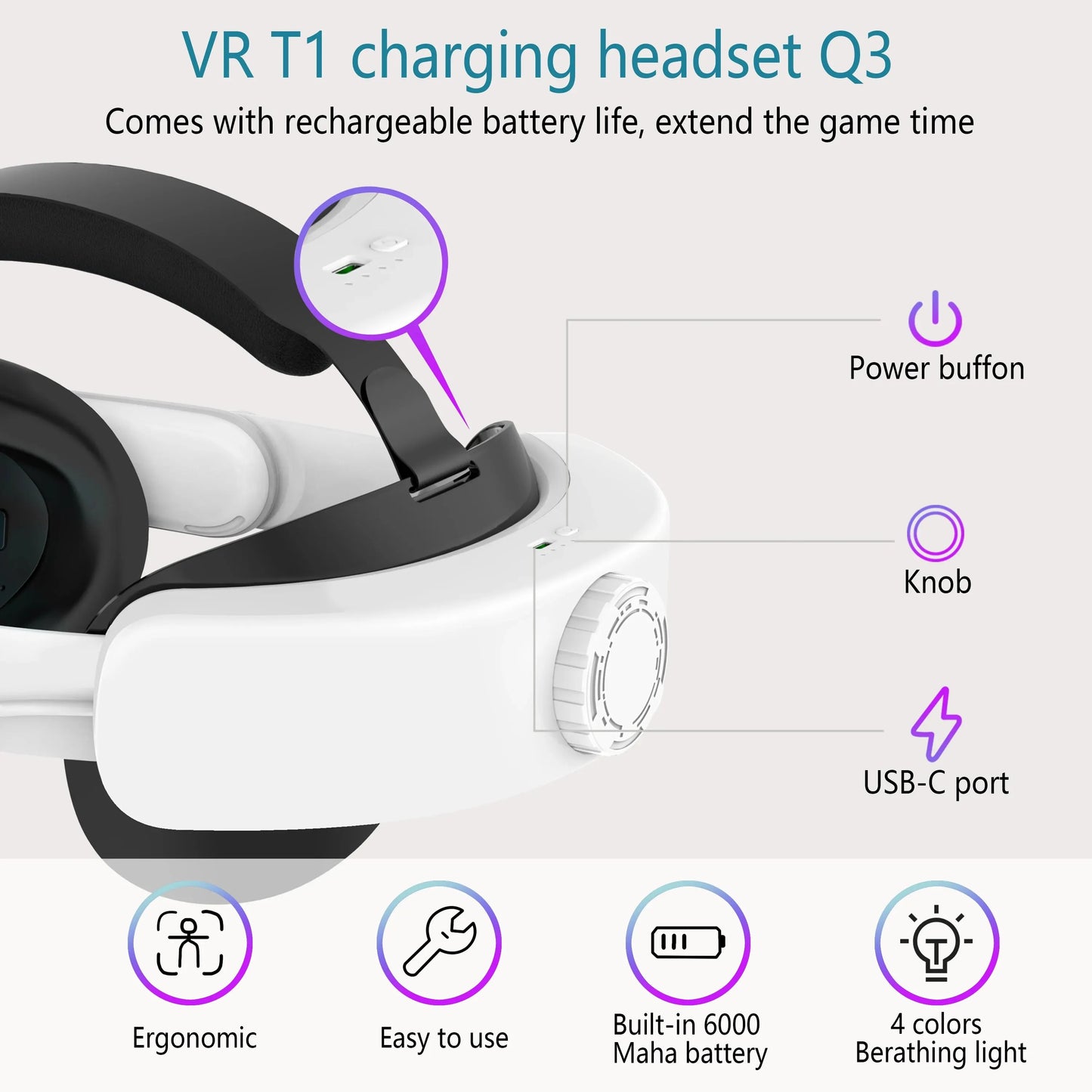 Head Strap with Battery forOculus Quest 3/Quest 3S,Adjustable Elite Strap Replacement Accessories for Meta Quest 3/Quest 3S