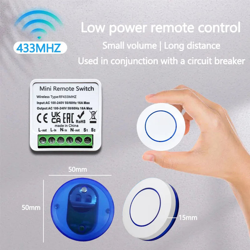 Wireless 433MHz Light Switch RF On/Off Round Button Switch Smart Remote Control 10A Relay Receiver Module LED Lamp DIY Home Auto