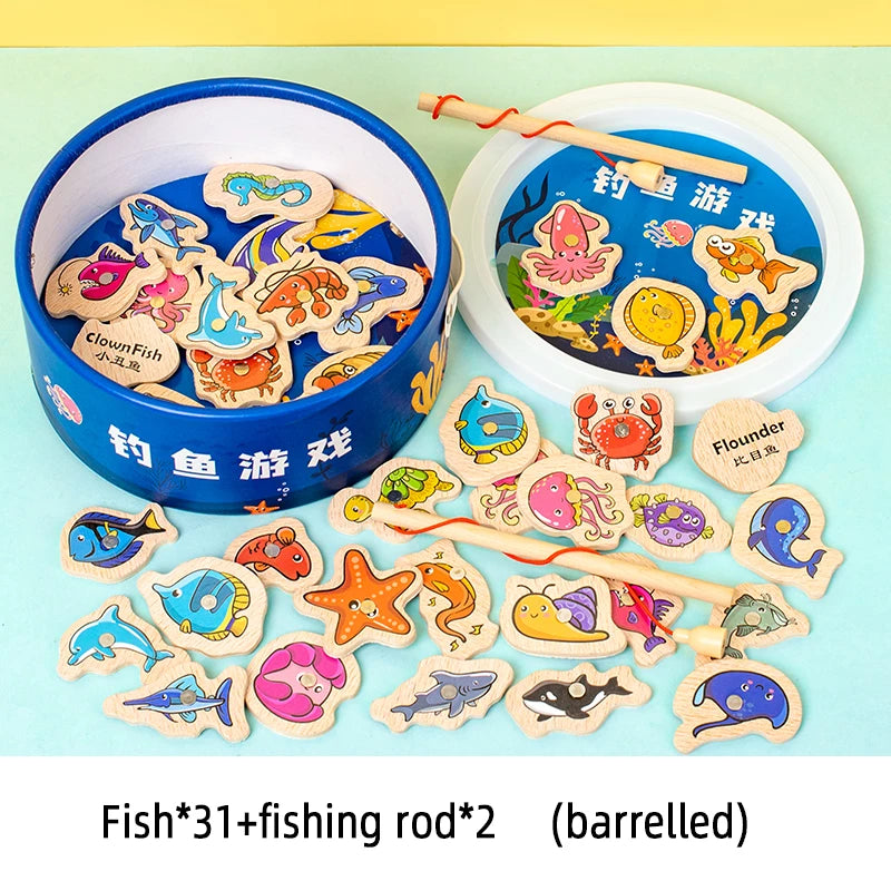 Fishing Toys Montessori Wooden For Children Magnetic Marine Life Cognition Fish Games Parent-Child Interactive Educational Toy