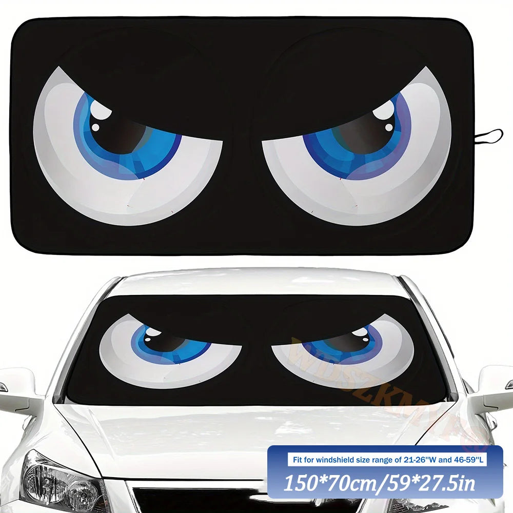 Car Cartoon Devil's Eye Foldable 59'x27.5' Car Windshield Sun Shade, Funny Car Eyes Sun Visor Wear-ResistantFoldable Reflective