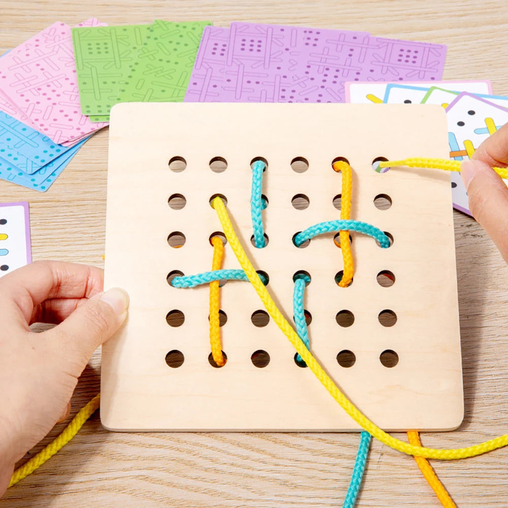 Montessori Wooden Rope Board Manipulative Material Array Block – Graphical Educational Toys With 20Pcs Cards And 6Pcs Rope