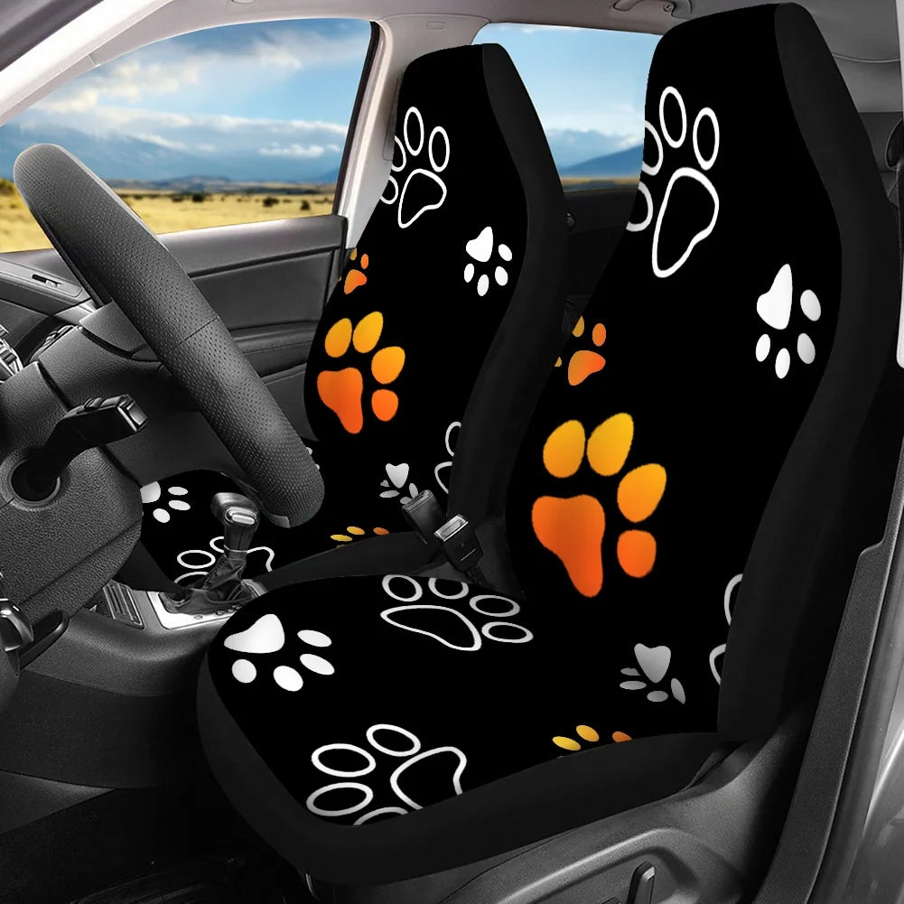 Dog Paw Print Car Seats Cover Full Set 4Pcs Front/Back Seat Protector Custom Black Auto Interior for Woman Men Cartoon Footprint
