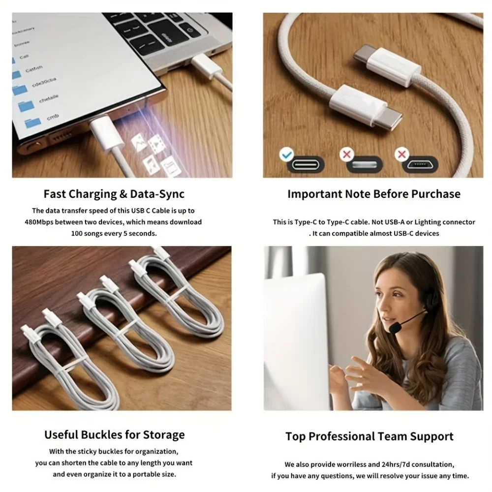 USB C to Type C Cable PD 65W Fast Charging Nylon Braided Data Cord For iPhone 16 15 Pro Samsung Type C Quick Charge Phone Cable