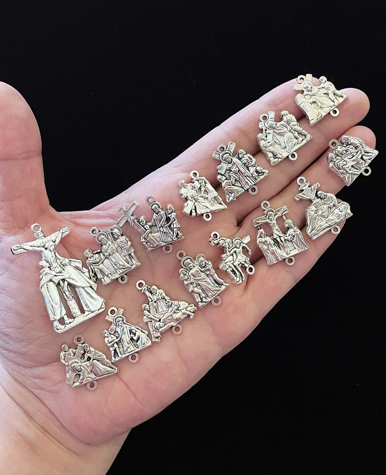 Diyalo 15Pcs Stations of the Cross Devotional Medals Crucifix Jesus Cross Pendant Set for Rosary Parts DIY Making Accessories