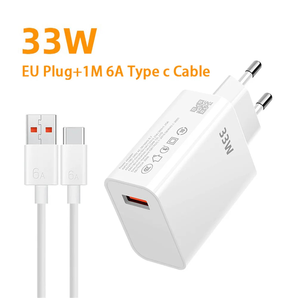 33W USB Fast Charger Quick Charge Mobile Phone Power Adapter For Xiaomi Redmi Note 13 12 11 10 iPhone Samsung EU/US Plug Charger