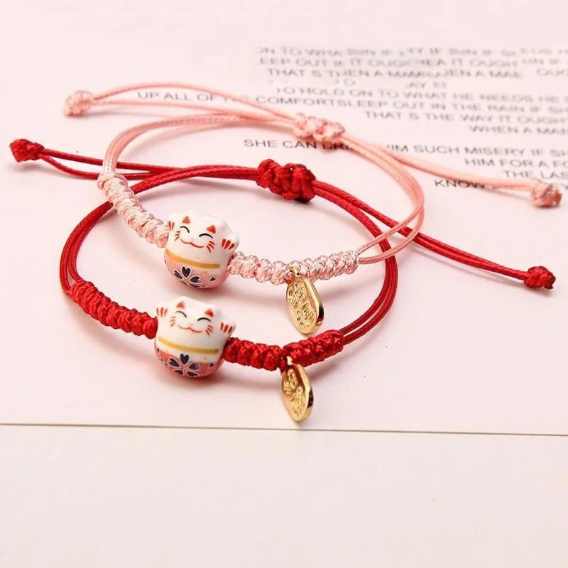 Simple Ceramic Lucky Cat Braided Bracelet for Women Men Multicolor Cute Animal Hand-Knitted Adjustable Bracelet Harajuku Jewelry