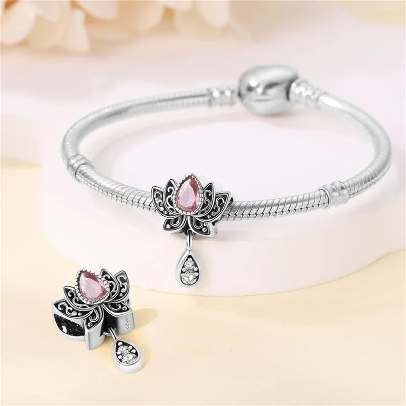 Hot Sale 925 Silver Classic Purple Retro Heart Shape Lotus Angel Pattern Charms Beads Fit 3mm Original Bracelet DIY Jewelry Gift
