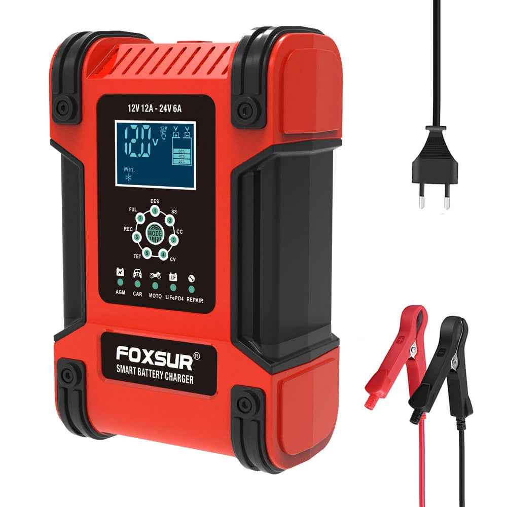 Foxsur Full Automatic Car Battery Charger 12V 12A Digital Display Battery Charger Power Pulse Repair Chargers Wet Dry Lead Acid