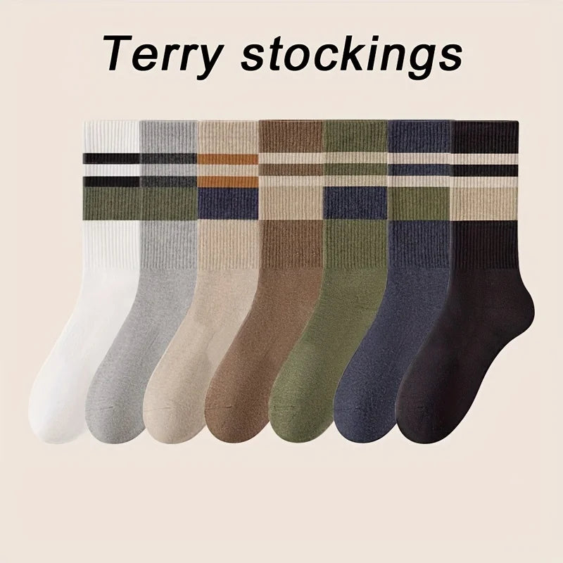 4 Pairs Of Men's Vintage Striped Crew Socks, Thermal Breathable Comfy Socks For Men's Wearing, Autumn & Winter