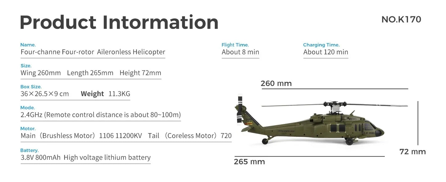 Wltoys K170 Black Hawk Uh60l Remote-Controlled Helicopter Four Channel Four Propeller Simulation Brushless Fixed Height Model
