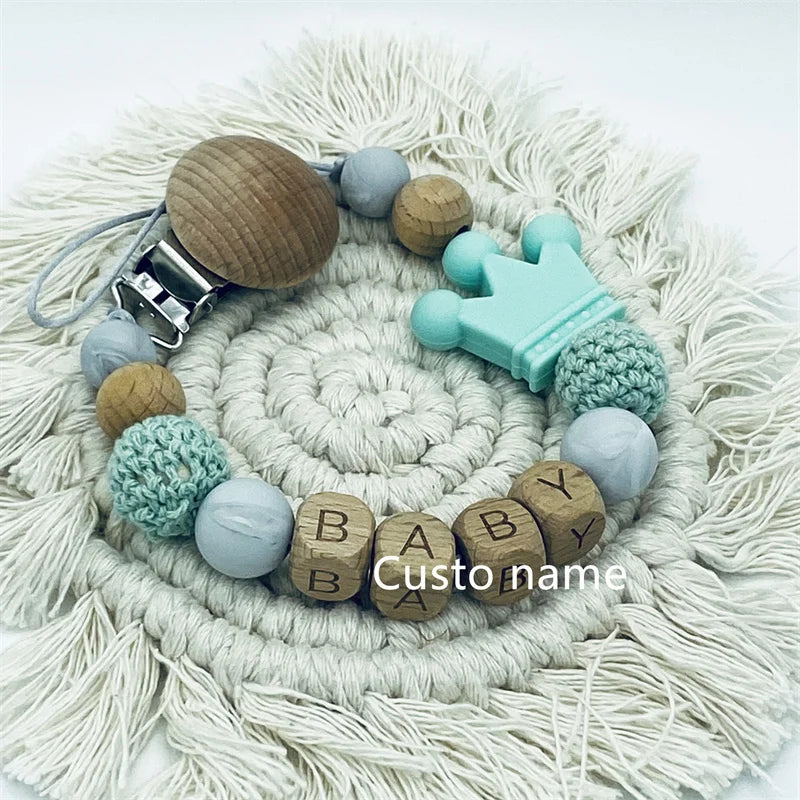 Custom Name Silicone Beads Wooden Ring Pacifier Clips Safe Teething Chains Baby Teether Eco-friendly Dummy Beech Clips Holder