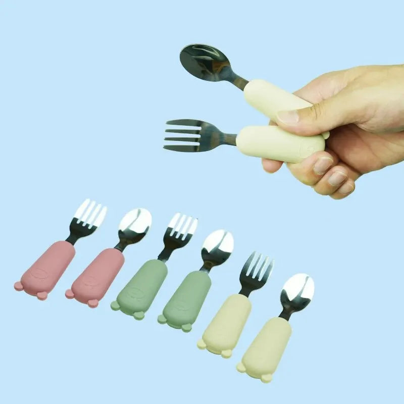 Children's Fork Spoon Set Baby Fork Spoon Short Handle Stainless Steel Silicone Baby Products Baby Food Solid Feeding Spoon Fork