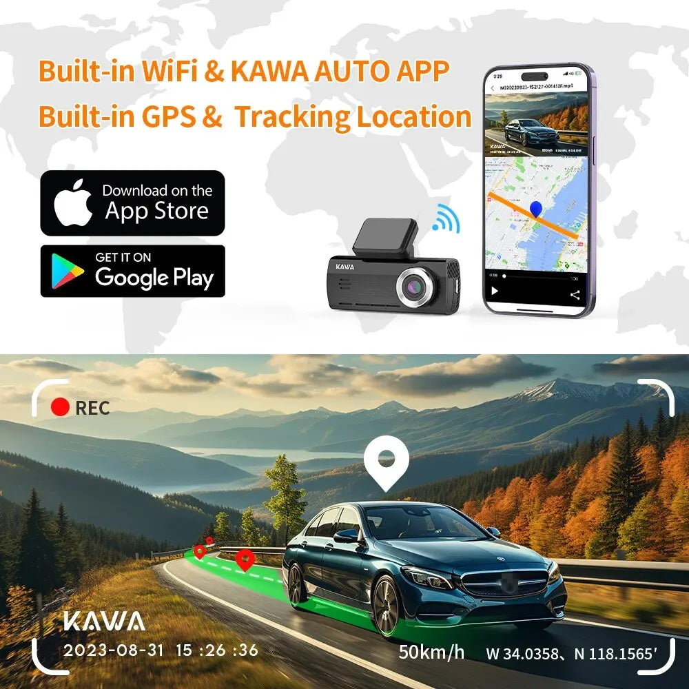 KAWA 4K Dash Camera for Car DVR Sony IMX415 Rear View Video Recorder DVR Voice Control GPS 24h Parking APP WiFi Control Dashcam