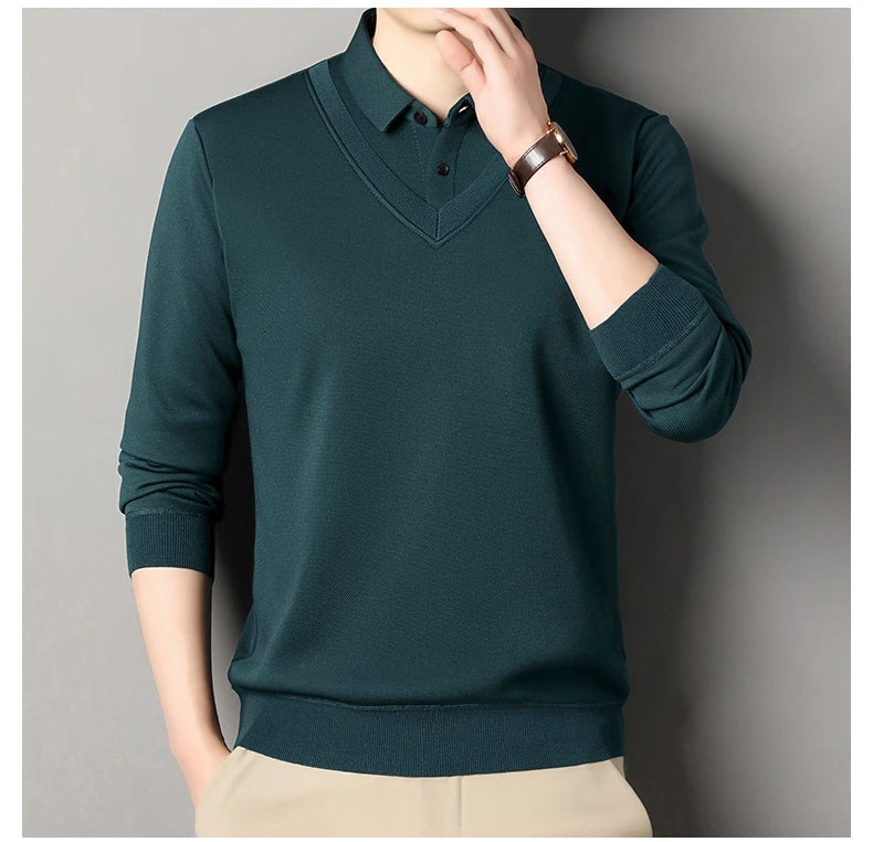 Men's Winter Sweater Velvet Pullover Solid Color Slim Fit Elegant Luxury Brand Knitwear Fake Two Pieces Knitted Sweaters
