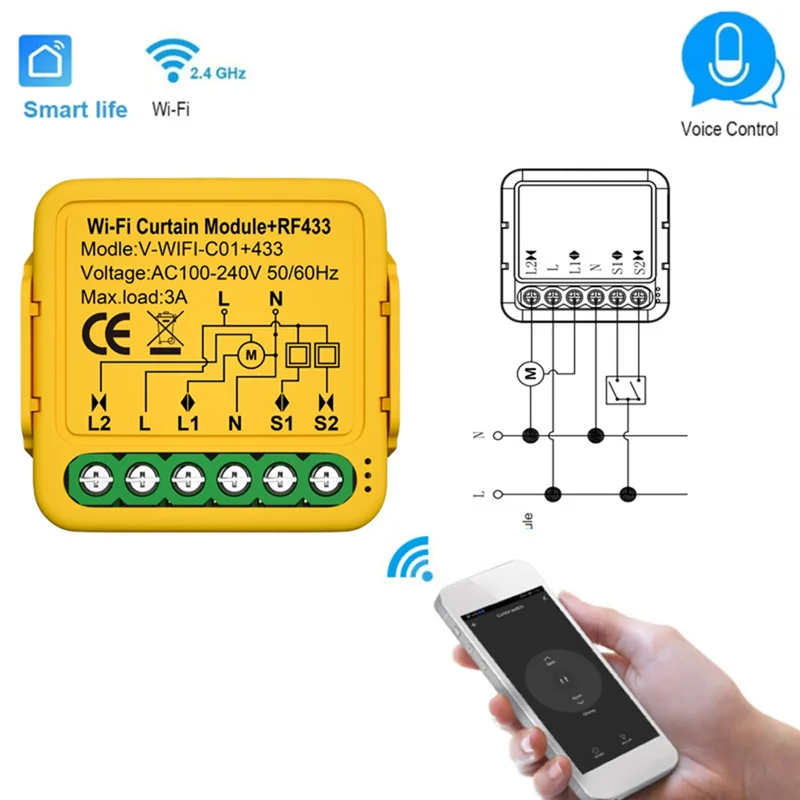 AF90-Tuya Smart Wifi RF433 Curtain Switch Module Control For Electric Roller Shutter Blind Motor Works With Alexa