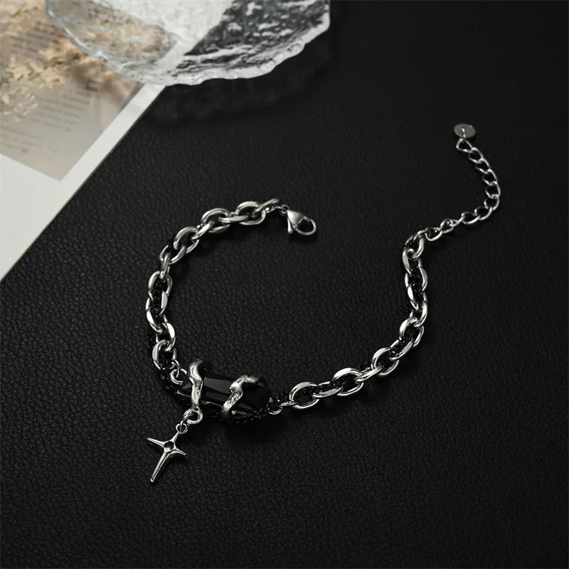 2024 Retro Black Zircon Star Bracelet for Women Men Trend Titanium Steel Punk Chain Unisex Jewelry New Couple Accessories