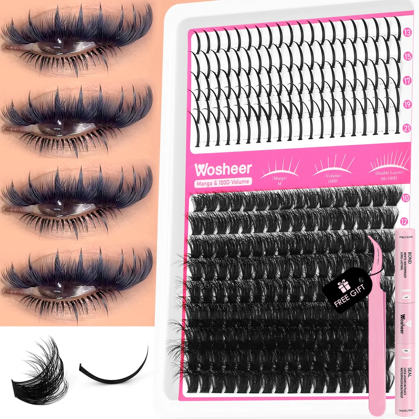 WOSHEER Lash Clusters Kit Lash Spikes Eyelash Clusters Volume Individual Lashes DIY Spiky Lash Extension Manga Clusters Eyelash