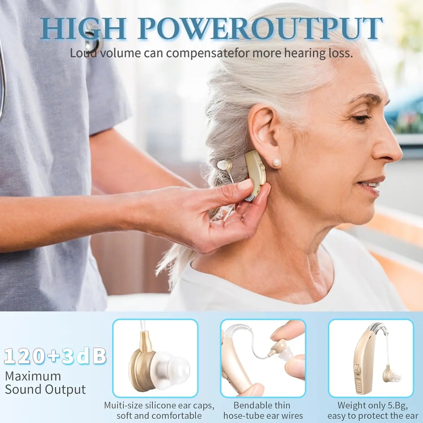 Hearing aid, rechargeable for seniors, noise reduction, 5-level volume adjustment, clear sound, with charging case