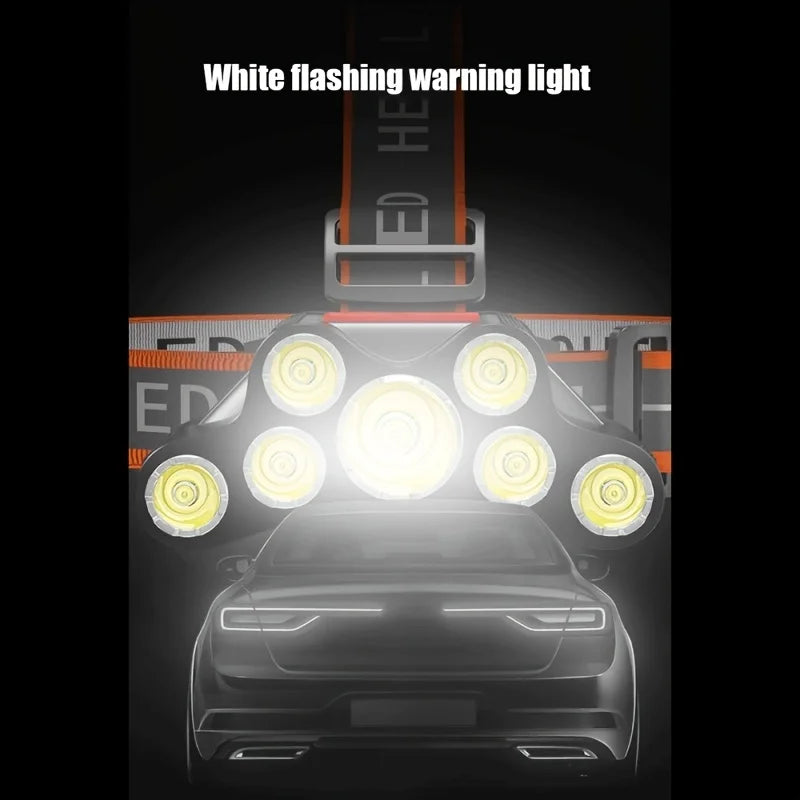 7 LED Powerful Headlamp Super Bright USB Rechargeable High Power LED Flashlights 4-Mode Torch Waterproof Outdoor Camping Fishing