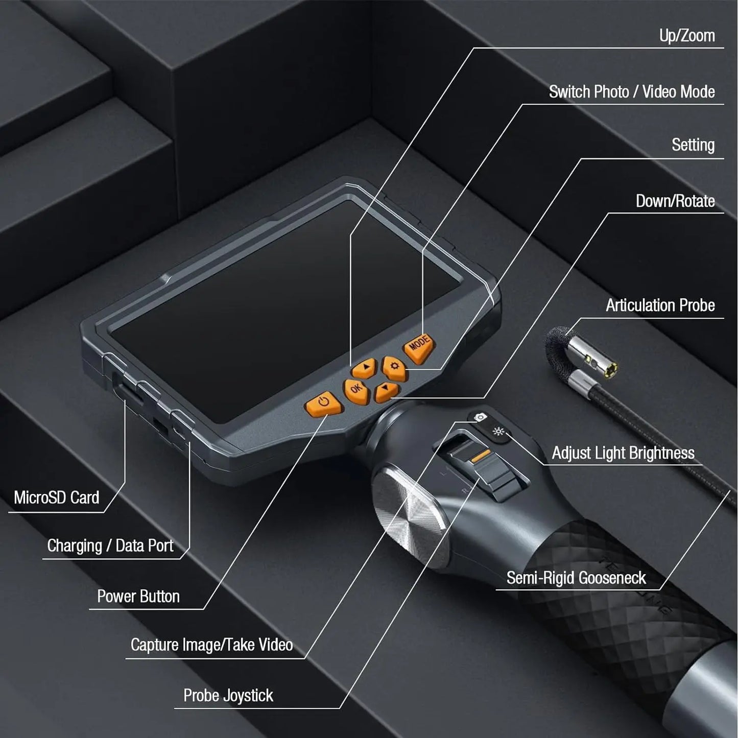 TESLONG TD500 6.5MM Dual Lens Articulating Borescope 1080P 5 Inch IPS Two Way 360° Steering Endoscope Camera with WIFI