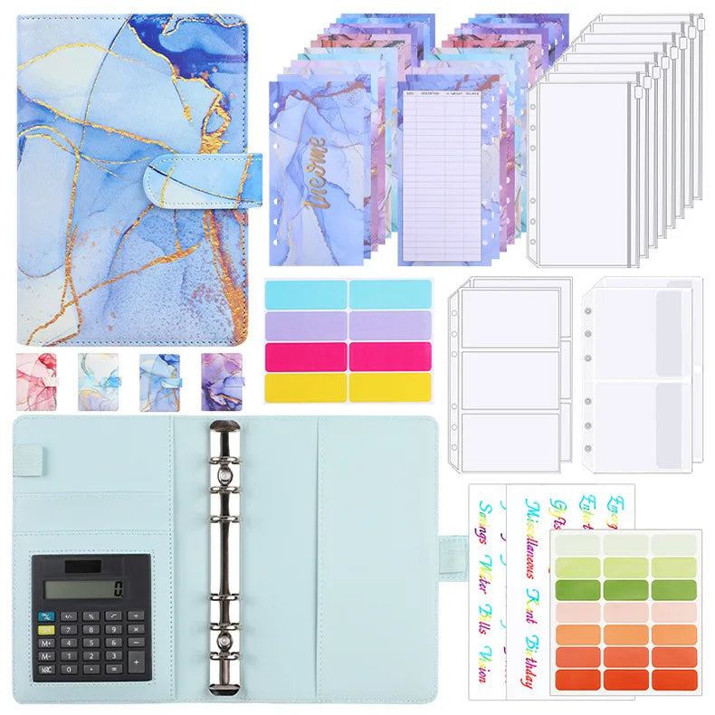 A6 Marble with Calculator Money Budget Planner Binder Zipper EnvelopesCash Envelopes For Budgeting Money Organizer Binde